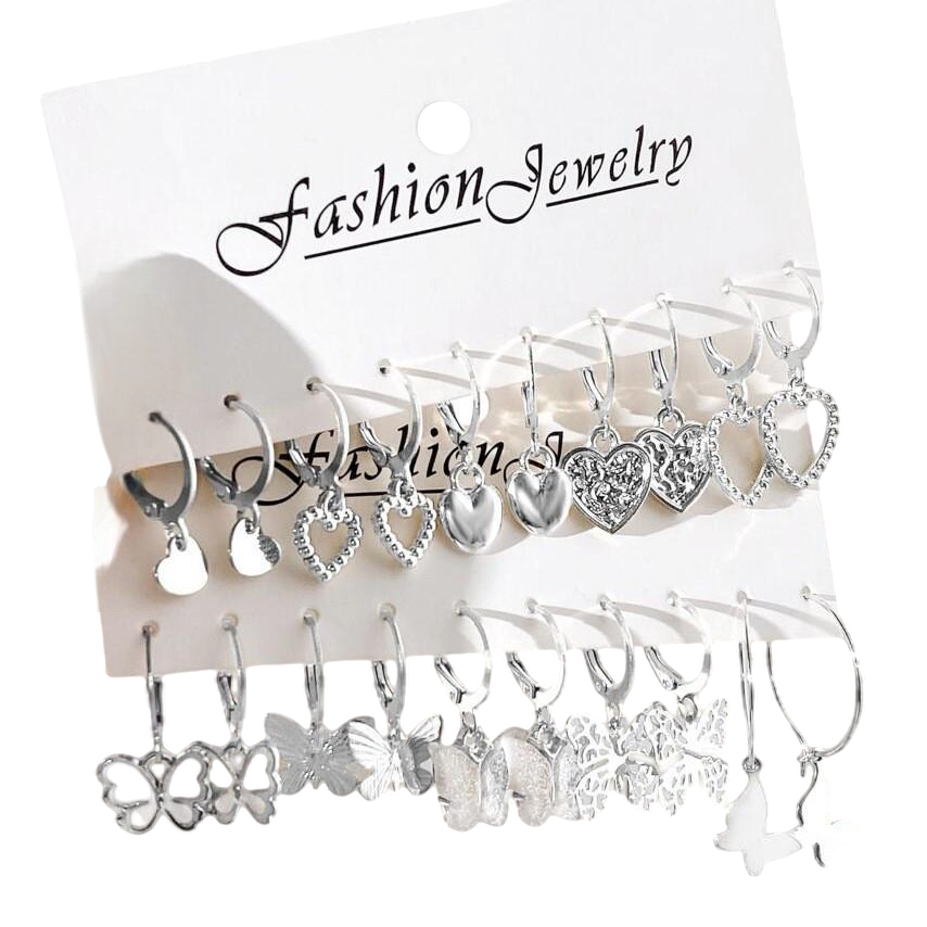 Набор серьг с сердечками и бабочками Fashion Jewelry 20 шт. Серебристый (56-96-1704)