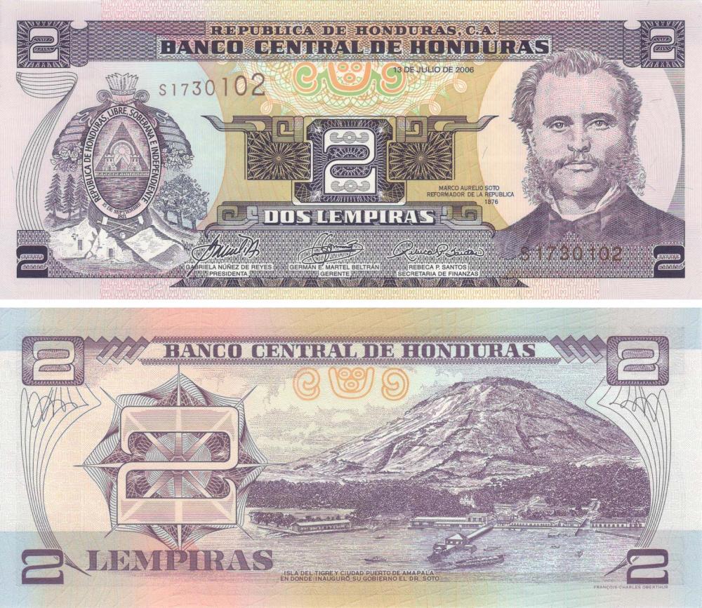 Коллекционная банкнота Гондурас 2 лемпиры 2006 UNC P80Ae (Б09026)