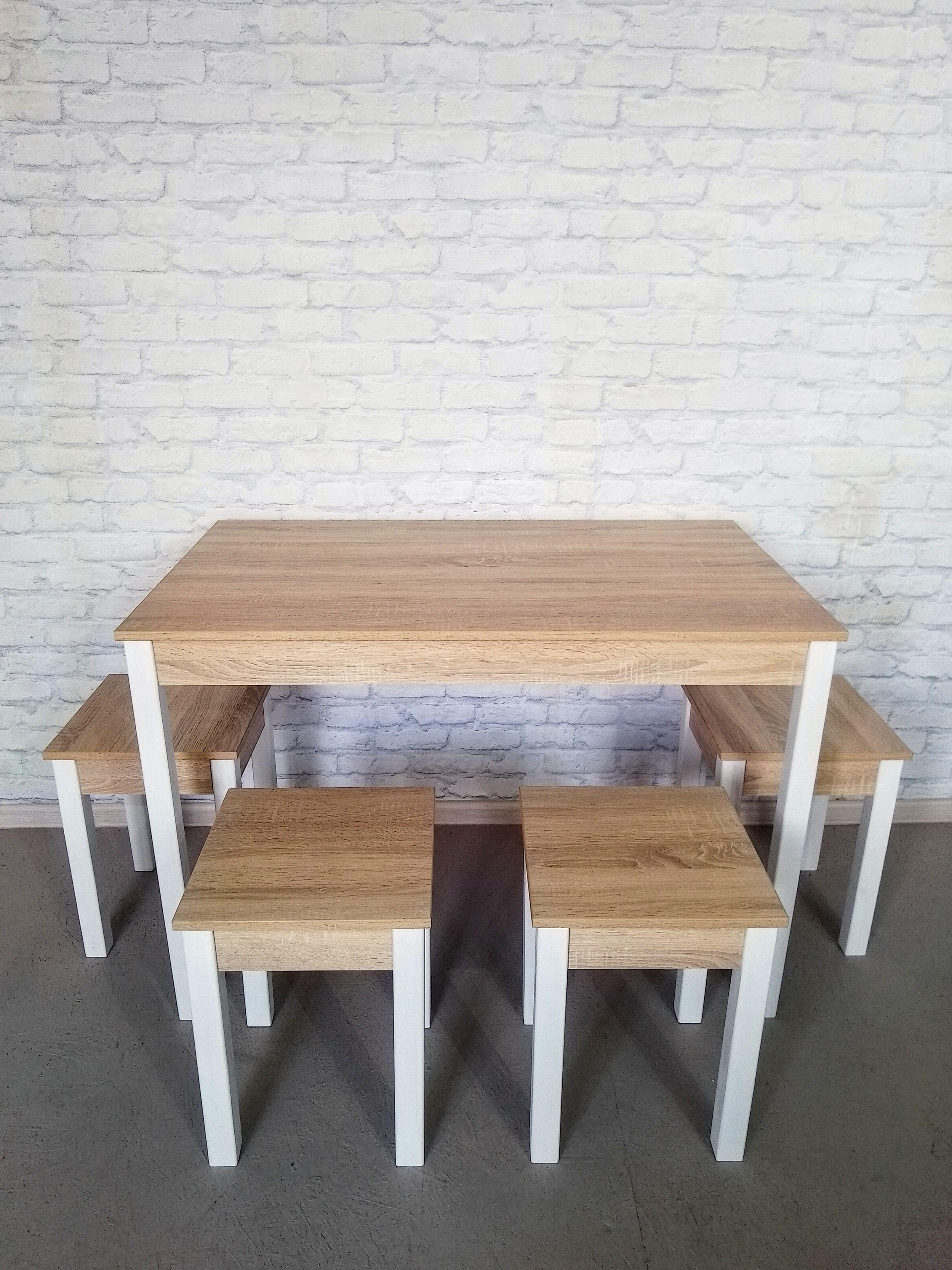 Обеденный стол и 4 табурета Валент ножки деревянные 110х65х75 см/34х34х45 см Дуб сонома/Белый (0015)