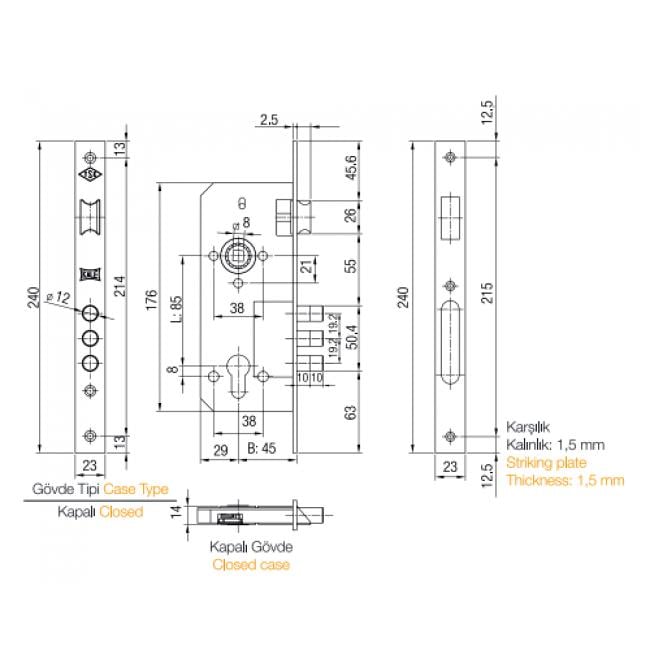 Замок врізний Kale 152-3MR 45 мм 3 ригеля (560100141) (560100141) - фото 2 Замок врізний Kale 152-3MR 45 мм 3 ригеля (560100141) (560100141) - фото 2
