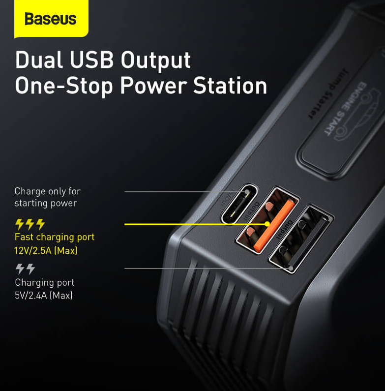 Пусковое устройство бустер для авто BASEUS Super Energy Max Jump Starter 2000A 20000mAh 1Type-C 2USB 3A - фото 7