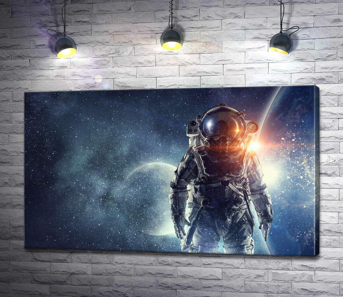 Картина ArtPoster Очертания космонавта в скафандре на фоне планеты Земля 100x60 см Модуль №1 (003411) Картина ArtPoster Очертания космонавта в скафандре на фоне планеты Земля 100x60 см Модуль №1 (003411)