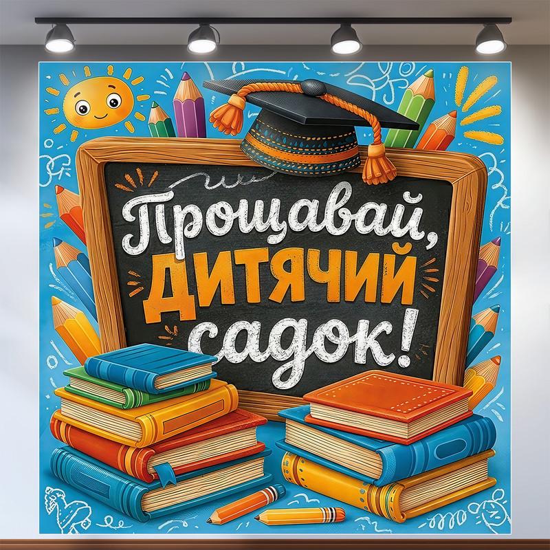 Баннер для фотозоны "Прощавай дитячий садок" с книгами и академической шапкой 200х200 см
