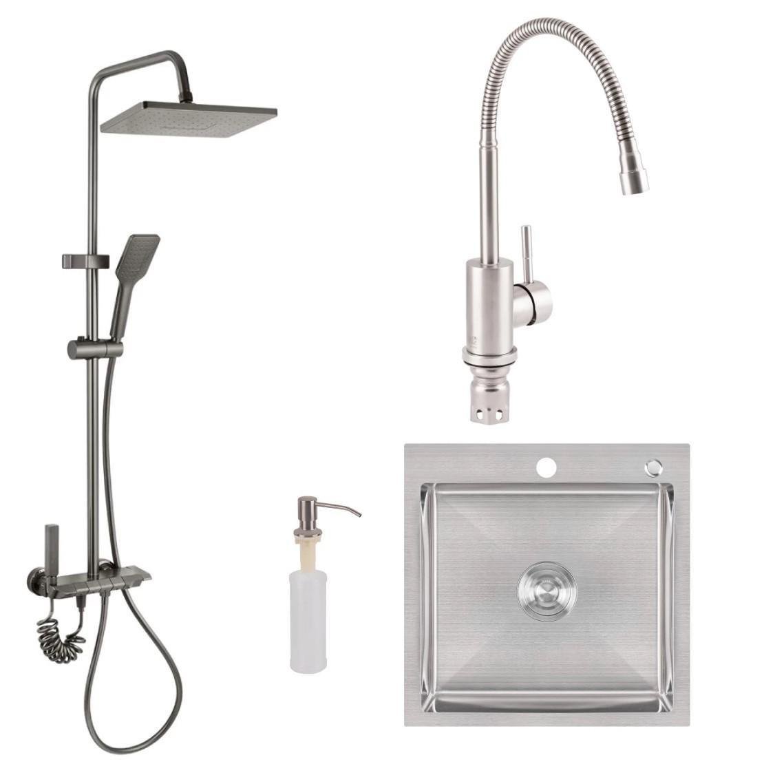 Мийка Lidz 5050/душова система Agua 04354AM/кран для кухні Aria 015F-4 гнучкий Lidz Сірий