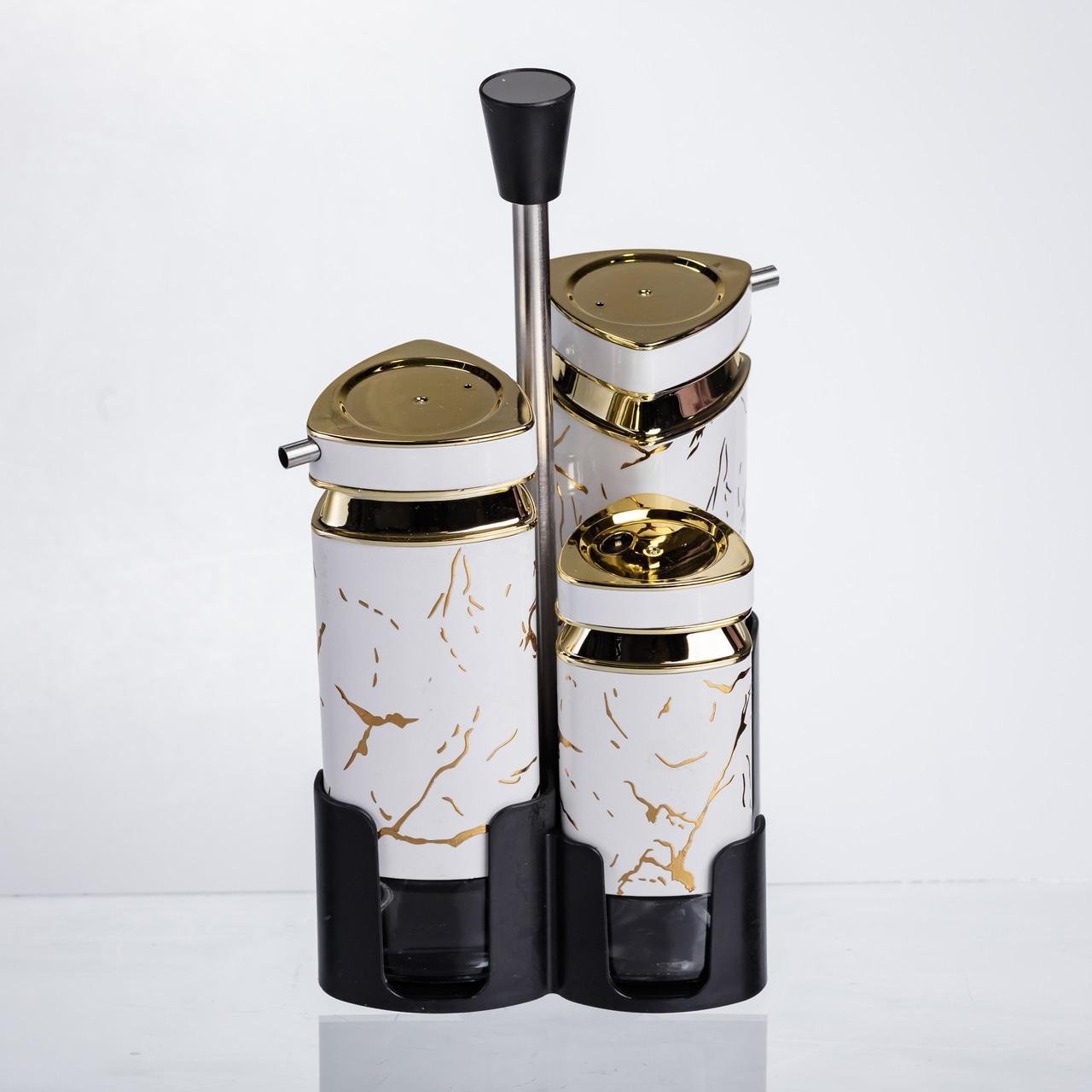 Набір баночок для спецій і рідких текстур на підставці 4 предмети Білий мармур (HP-1331) - фото 2 Набір баночок для спецій і рідких текстур на підставці 4 предмети Білий мармур (HP-1331) - фото 2