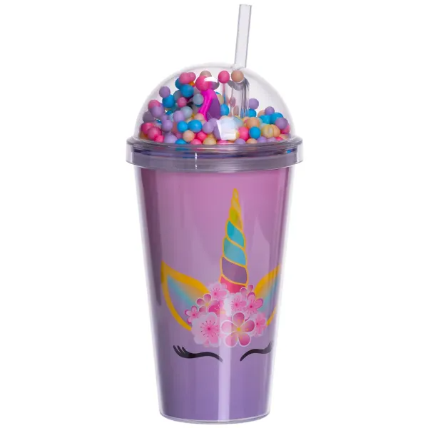 Стакан многоразовый Единорог с крышкой и трубочкой 400 мл Фиолетовый (HP-18-2V)