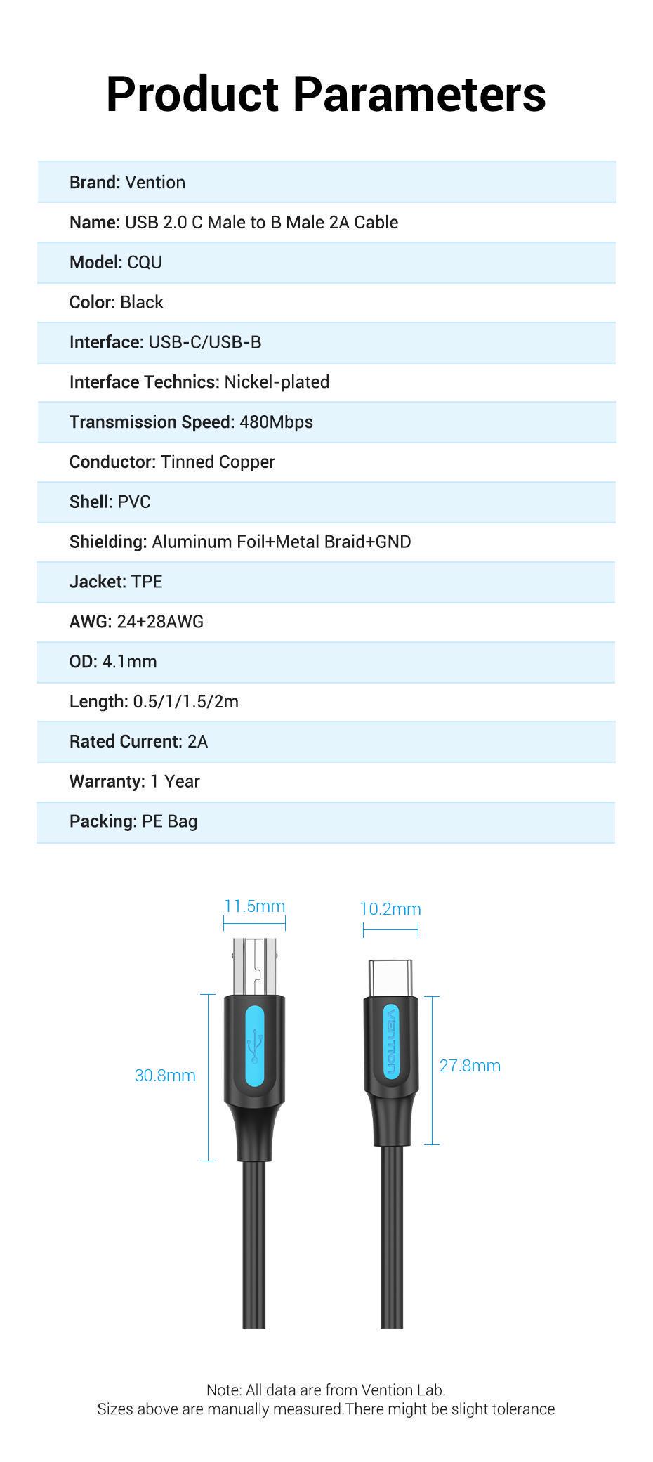 Кабель для принтера Vention Type-C-USB Type-B 2.0 5V/2A 480 Мбіт/с USB-C на USB-B 0,5 м Чорний (CQUBD) - фото 9