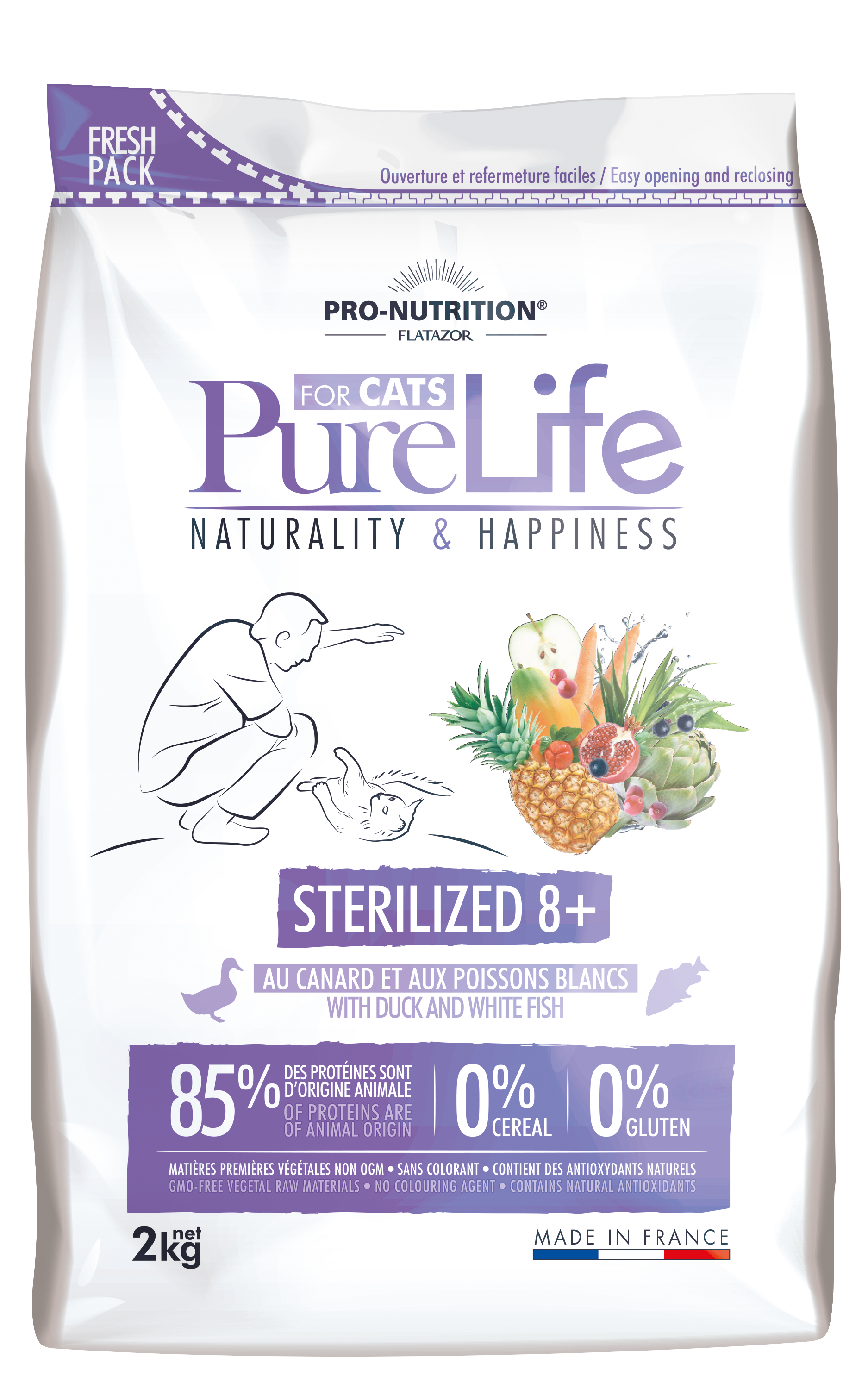 Корм беззерновой для стерилизованных кошек Pro-Nutrition Flatazor РURE LIFE STERILIZED 8+ от 8 лет с уткой и белой рыбой 2 кг