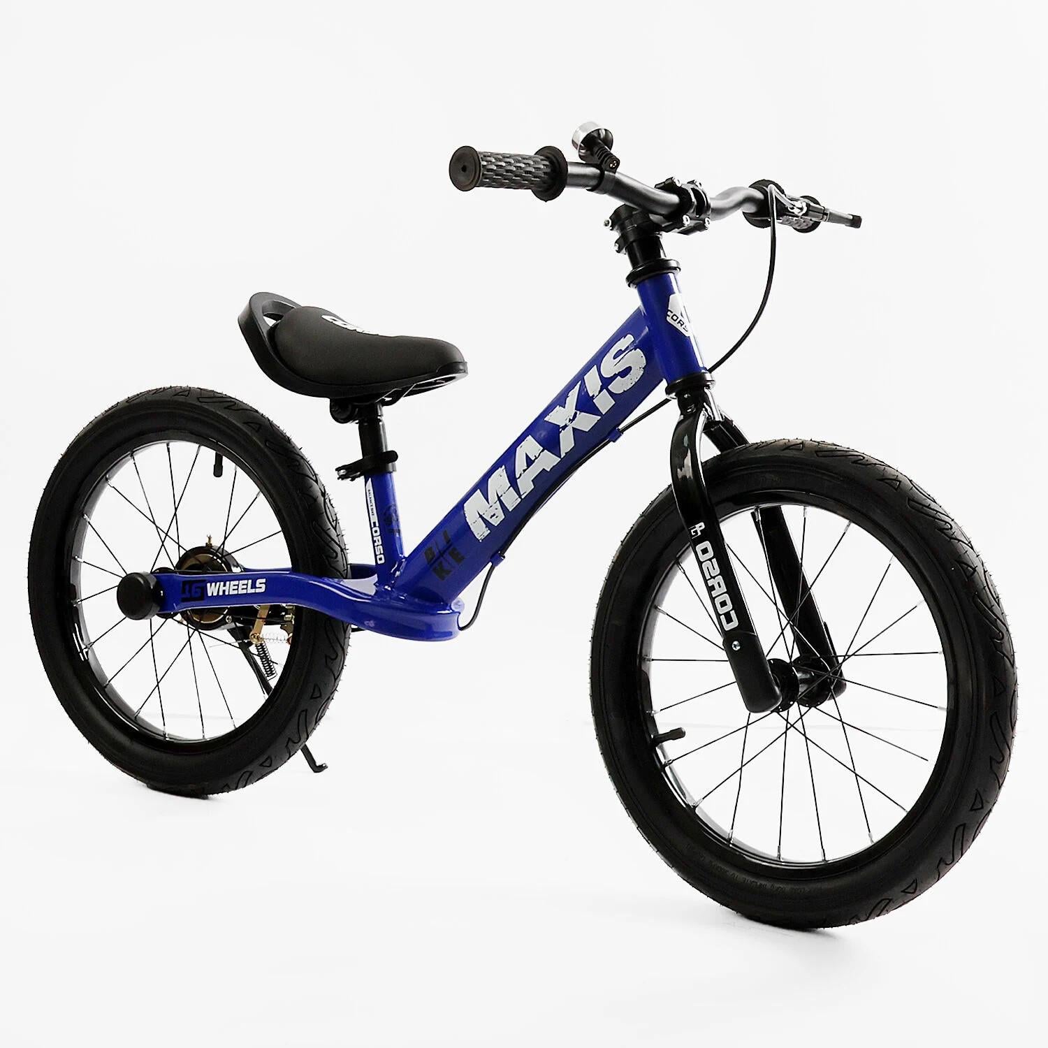 Беговел Corso Maxis стальная рама ручной задний тормоз надувные колеса резиновые 16" подножка/звонок Синий (MX-27302)