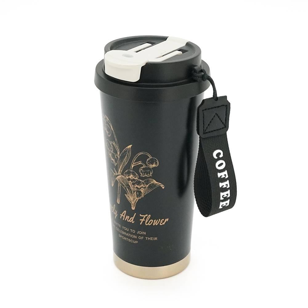 Термокухоль пластиковий Merlion Coffee з трубочкою колба з нержавіючої сталі 500 мл Чорний (28891)