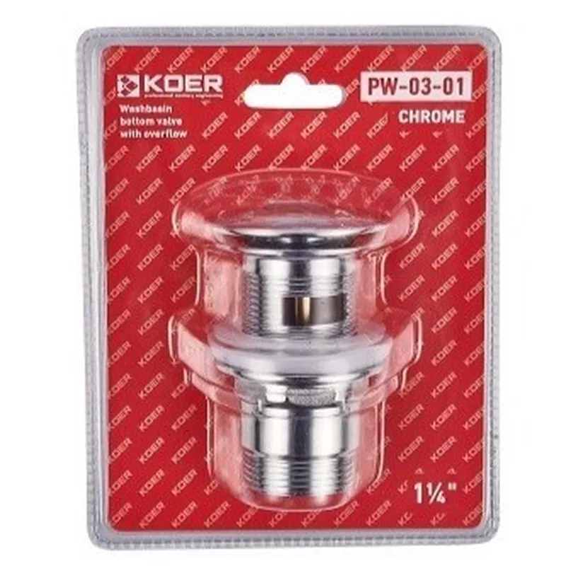 Клапан-кнопка донний для умивальника KOER PW-03-01 з переливом 1-1/4'' Хром (KR3394)