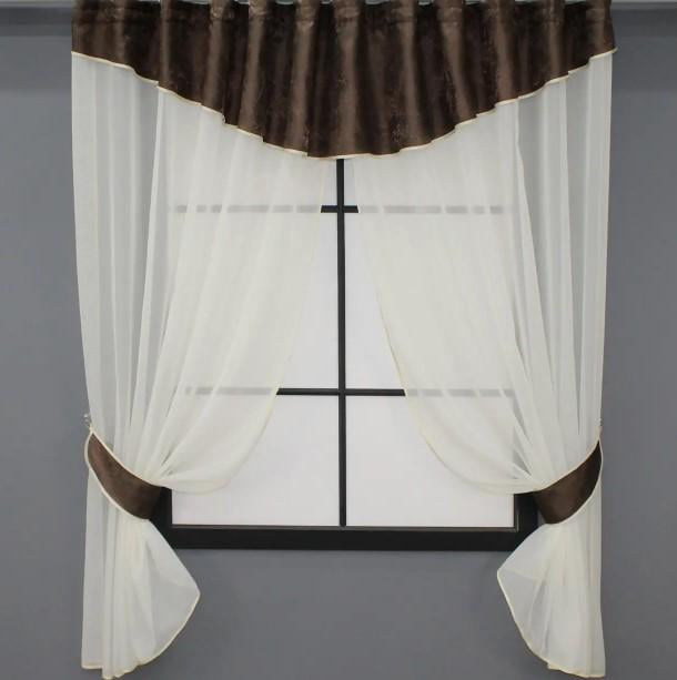 Шторки на кухню с ламбрекеном 280х170 см Коричневый/Белый (084к) Шторки на кухню с ламбрекеном 280х170 см Коричневый/Белый (084к)
