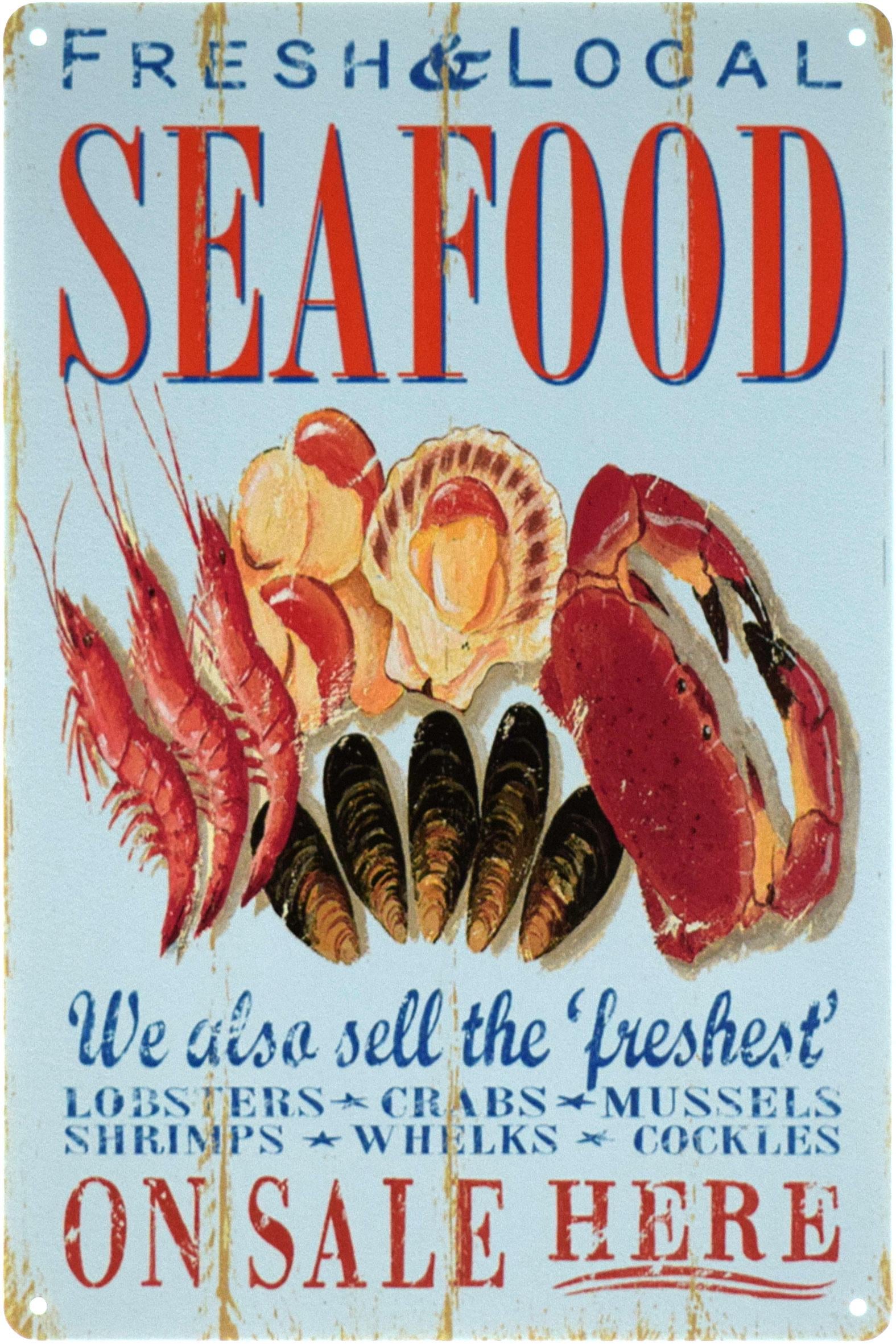 Металлическая табличка Морепродукты/Seafood Fresh And Local 20x30 см