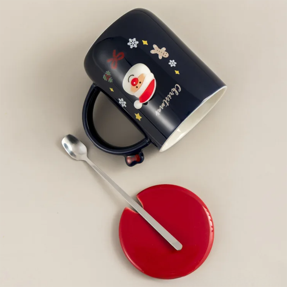 Чашка новогодняя с крышкой и ложкой Санта керамика 360 мл Синий - фото 10