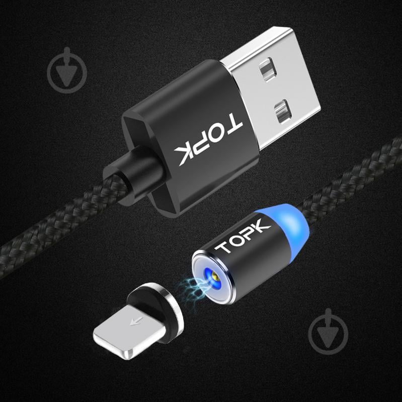 Магнітний кабель для заряджання гаджетів Topk USB 2m 2.4A 360° (TK17i-VER2) Llightning Black (3866-10890a) - фото 6