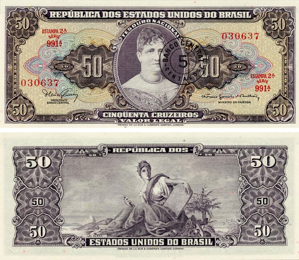 Коллекционная банкнота Бразилия 5 сентаво 1966-1967 UNC Штамп на банкноте 50 крузейро P184 (Б16379)