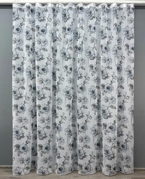 Тюль батист с цветочным принтом Белый/Серо-синий (1543т)