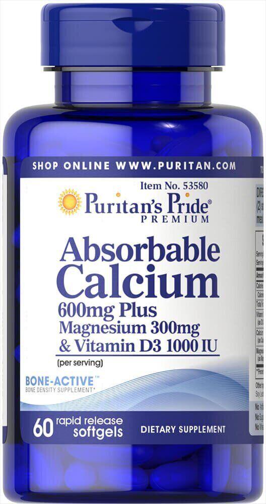 Кальций Puritan's Pride Absorbable 600 мг plus Magnesium 300 мг and Vitamin D 1000iu 60 капсул (00000029662)