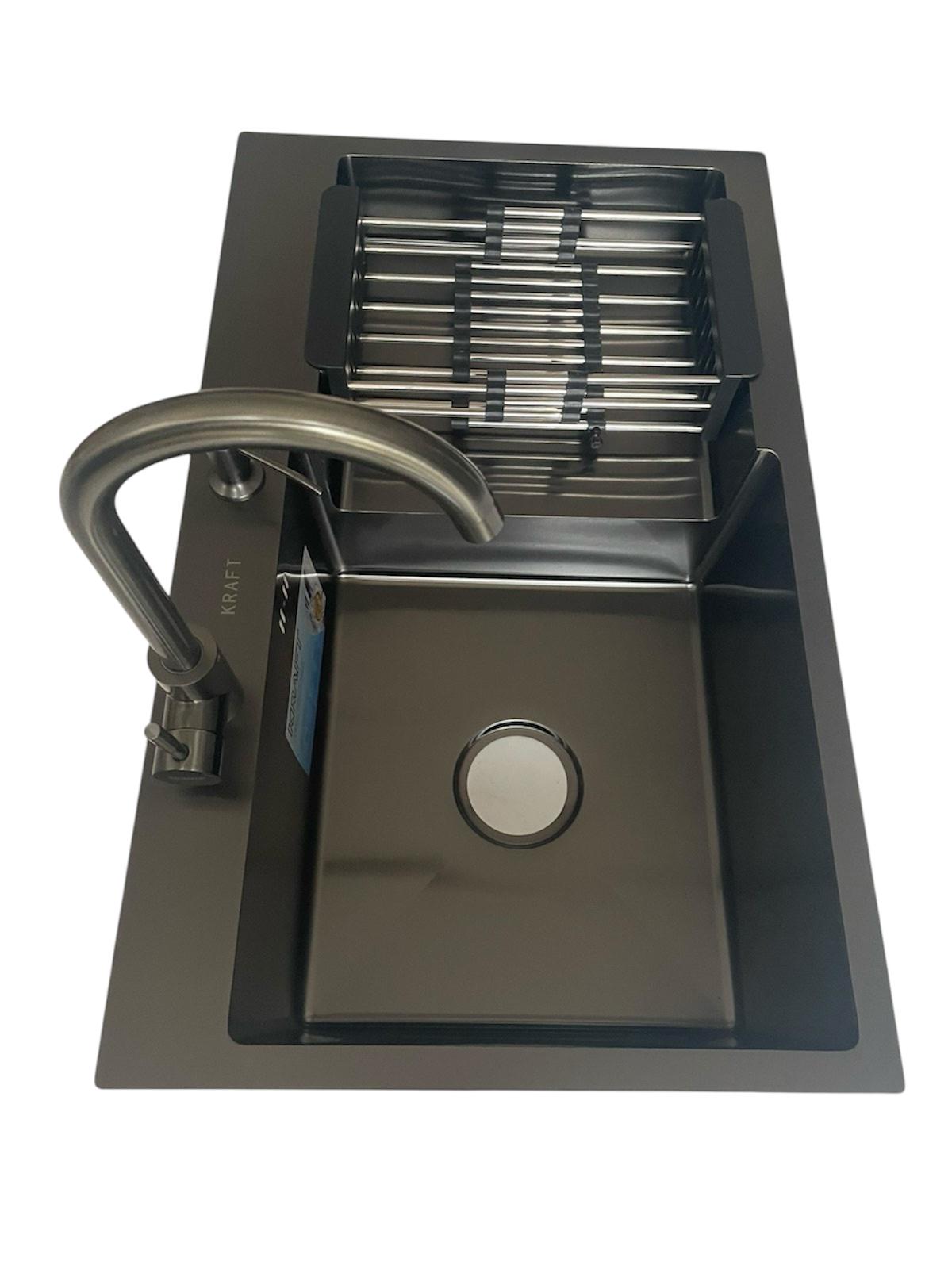 Мойка кухонная Kraft 7848 АL левая и кран из нержавеющей стали Черный