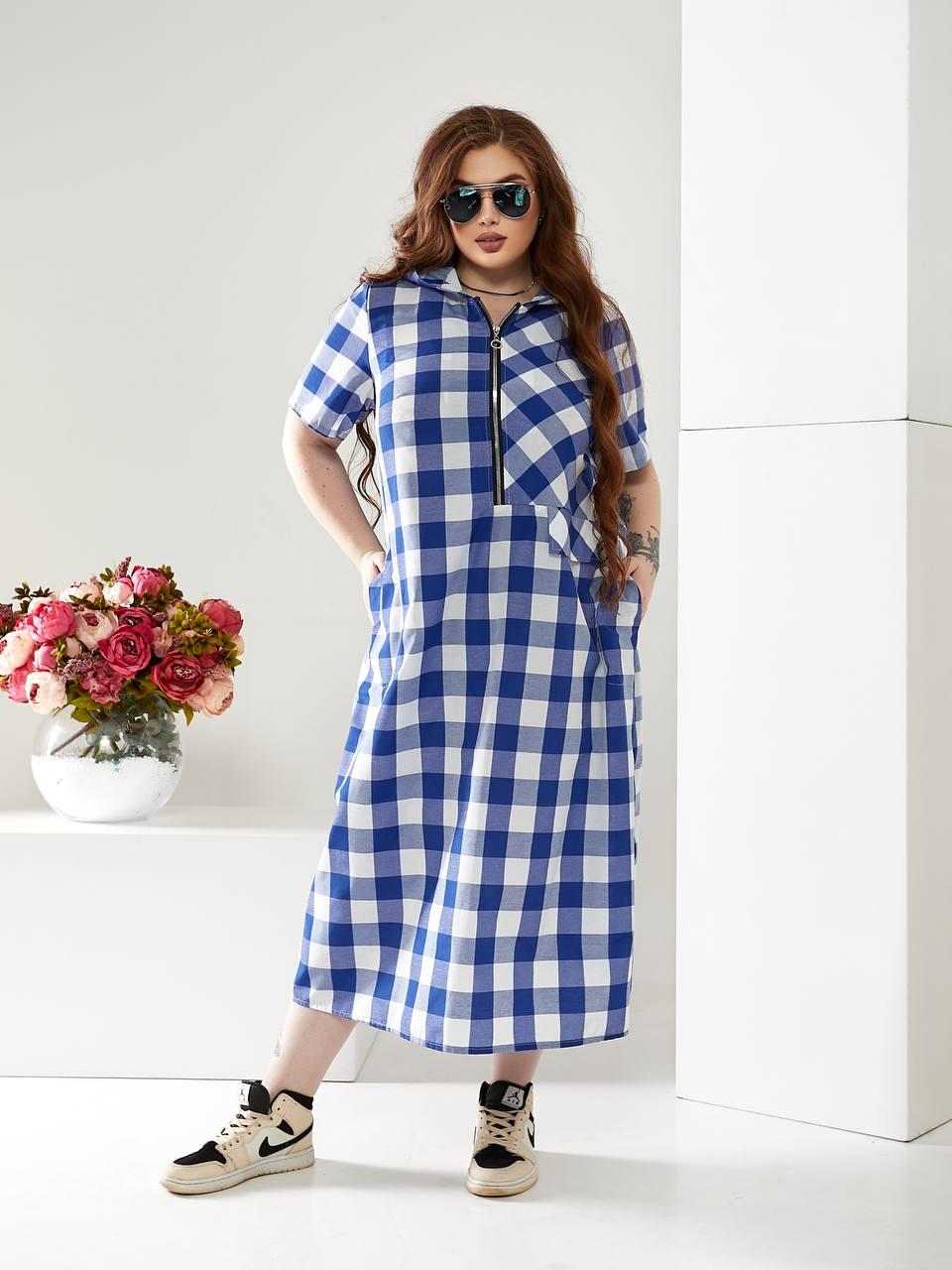 Платье длинное Клетка коттон с капюшоном р. 60-62 Синий (1376) - фото 4