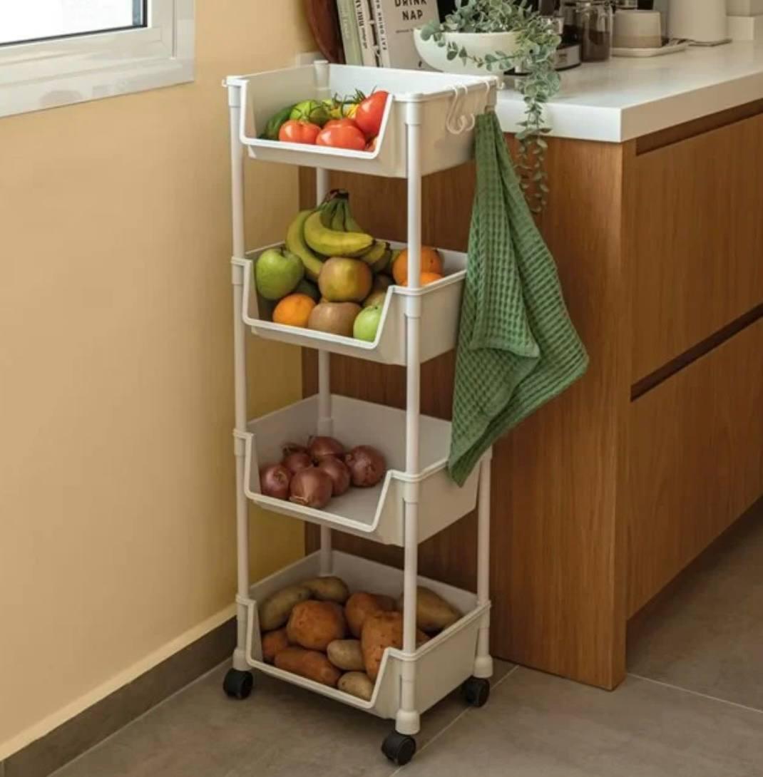 Этажерка на колесиках пластиковая с крючками 4 уровня Бежевая (822e0c74) - фото 2