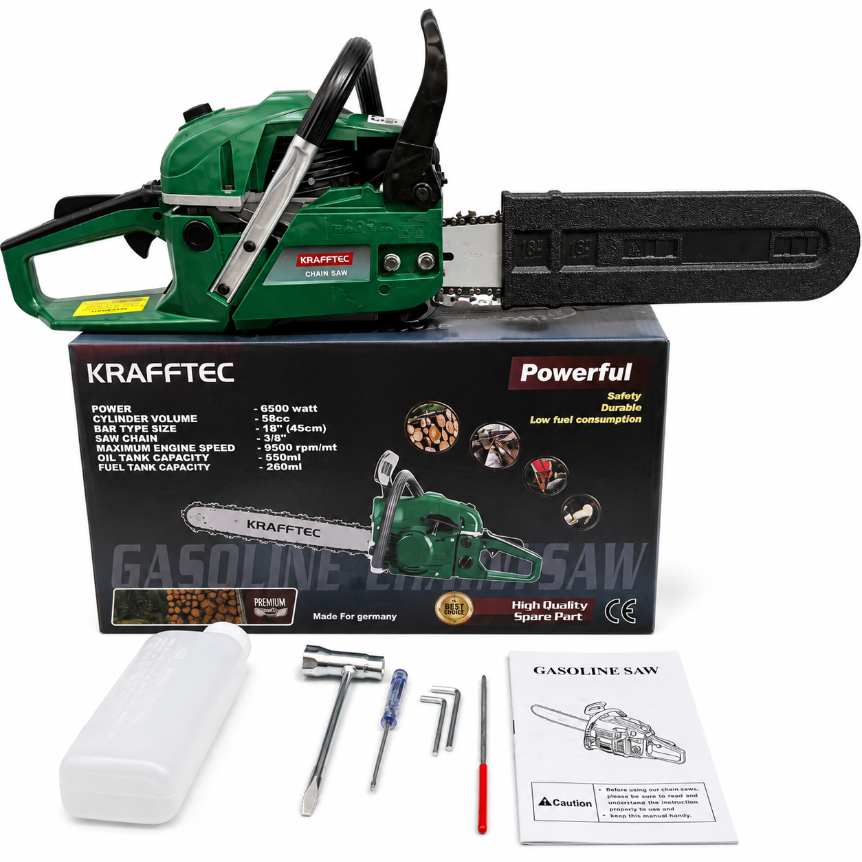 Бензопила ланцюгова Krafftec 6500 Вт із шиною 45 см та двигуном 58 куб. см (6500)
