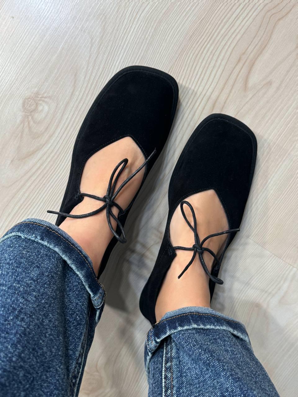 Балетки жіночі Meideli 0109-10 Mary Jane зі шнурком натуральна замша р. 38 Чорний (6618)