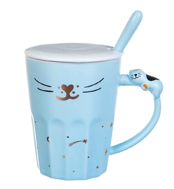 Чашка керамическая Котик с ложечкой и крышечкой 300 мл Голубой (514057)