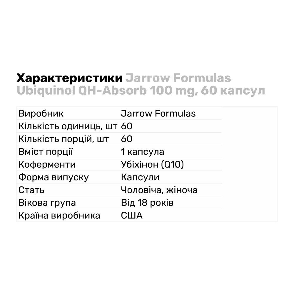 Натуральная добавка Jarrow Formulas Ubiquinol QH-Absorb 100 мг 60 капс. (8242) - фото 2 Натуральная добавка Jarrow Formulas Ubiquinol QH-Absorb 100 мг 60 капс. (8242) - фото 2