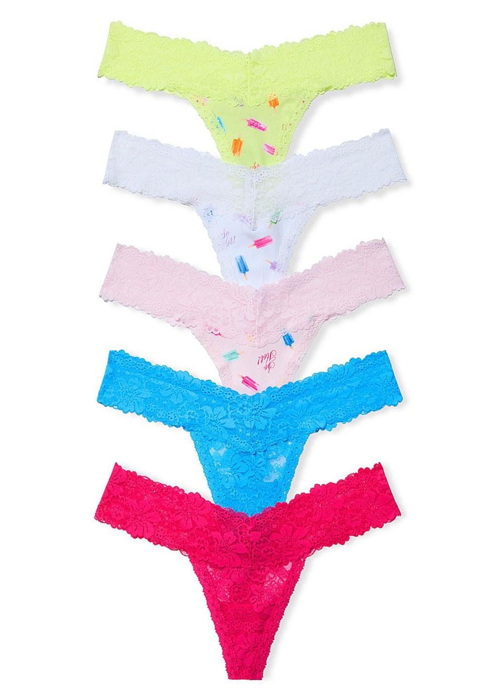 Набор трусиков стрингов Victoria's Secret Pink Wink Lace-Trim Thong Panties M 5 шт. Разноцветный (1440000421513QK3M)