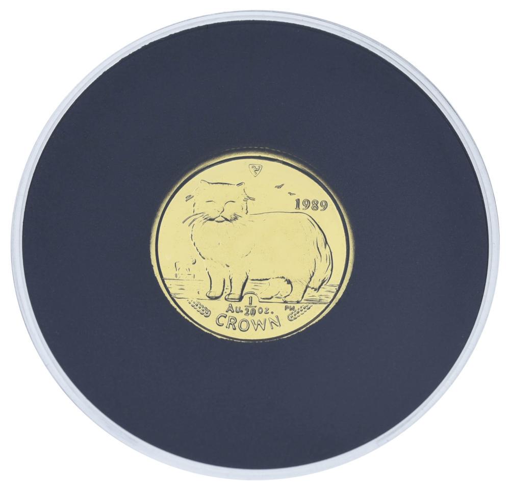 Коллекционная монета Остров Мэн 1 крона 1989/2008 золото Proof Кот Персидская кошка 1/20 унции
