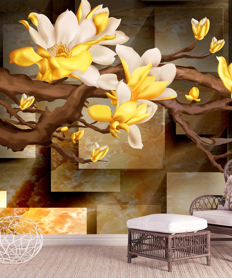 Фотообои 3D флизелиновые цветочные для спальни/зала/кухни Желто-белые цветы