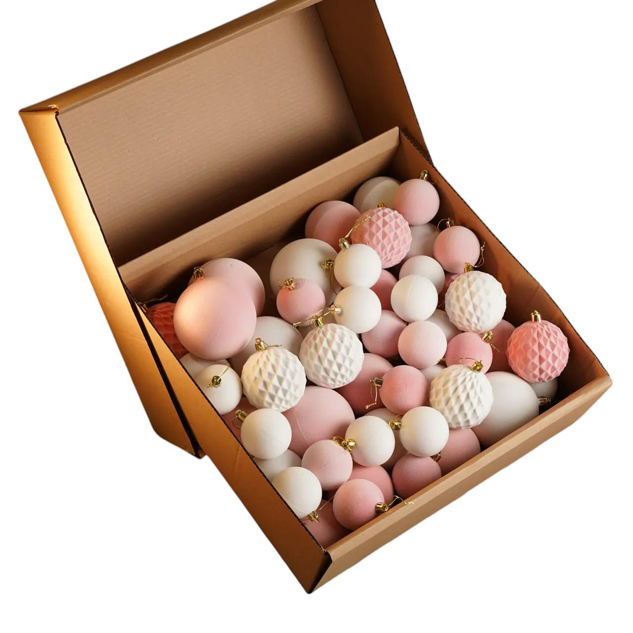 Набор новогодних шаров Бархат для елки 40 шт. из пластика в подарочной коробке Розово-белый (147-41-Бархат рож.)