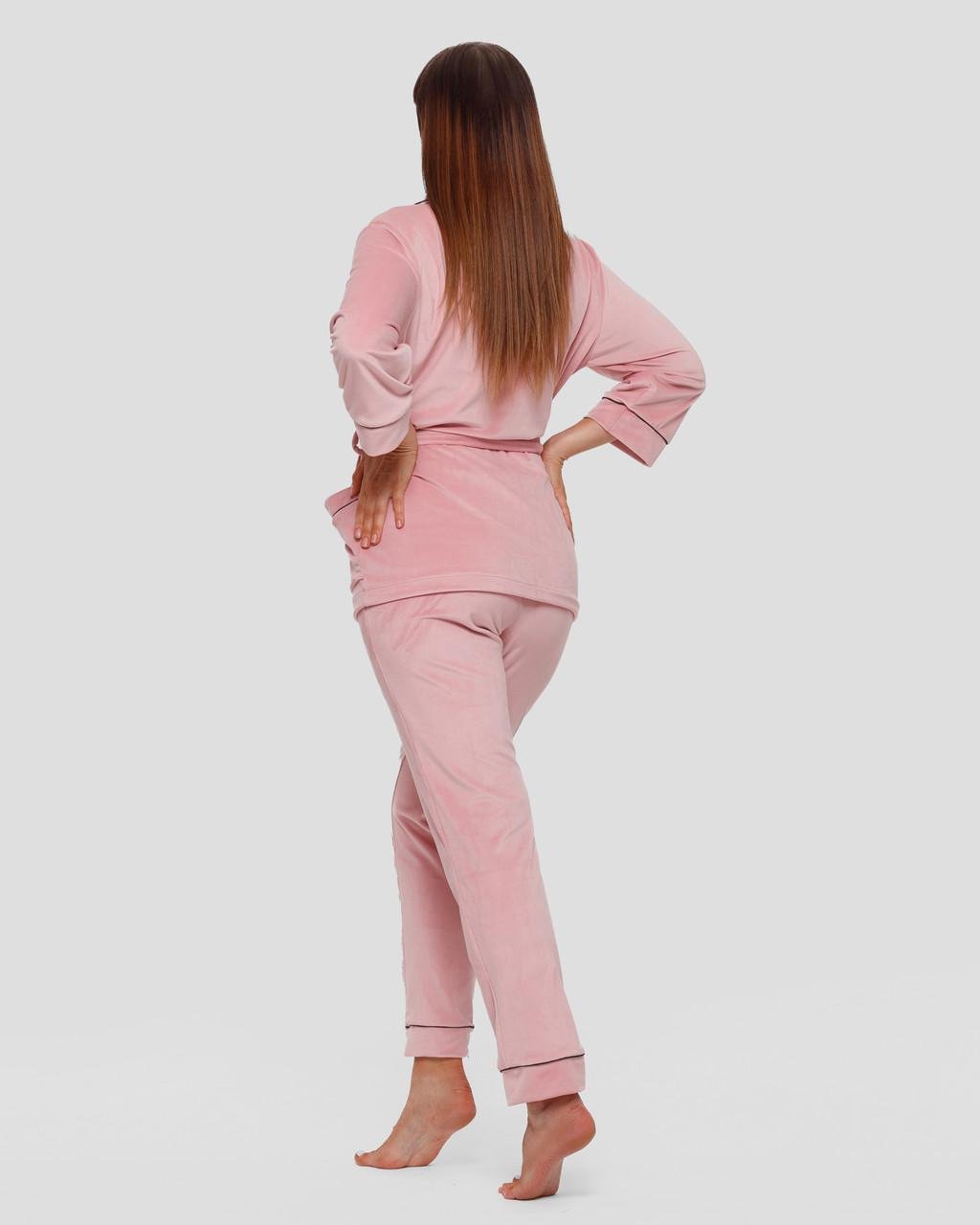 Костюм домашний женский велюровый халат с брюками 3XL Розовый (1805447011) - фото 3 Костюм домашний женский велюровый халат с брюками 3XL Розовый (1805447011) - фото 3