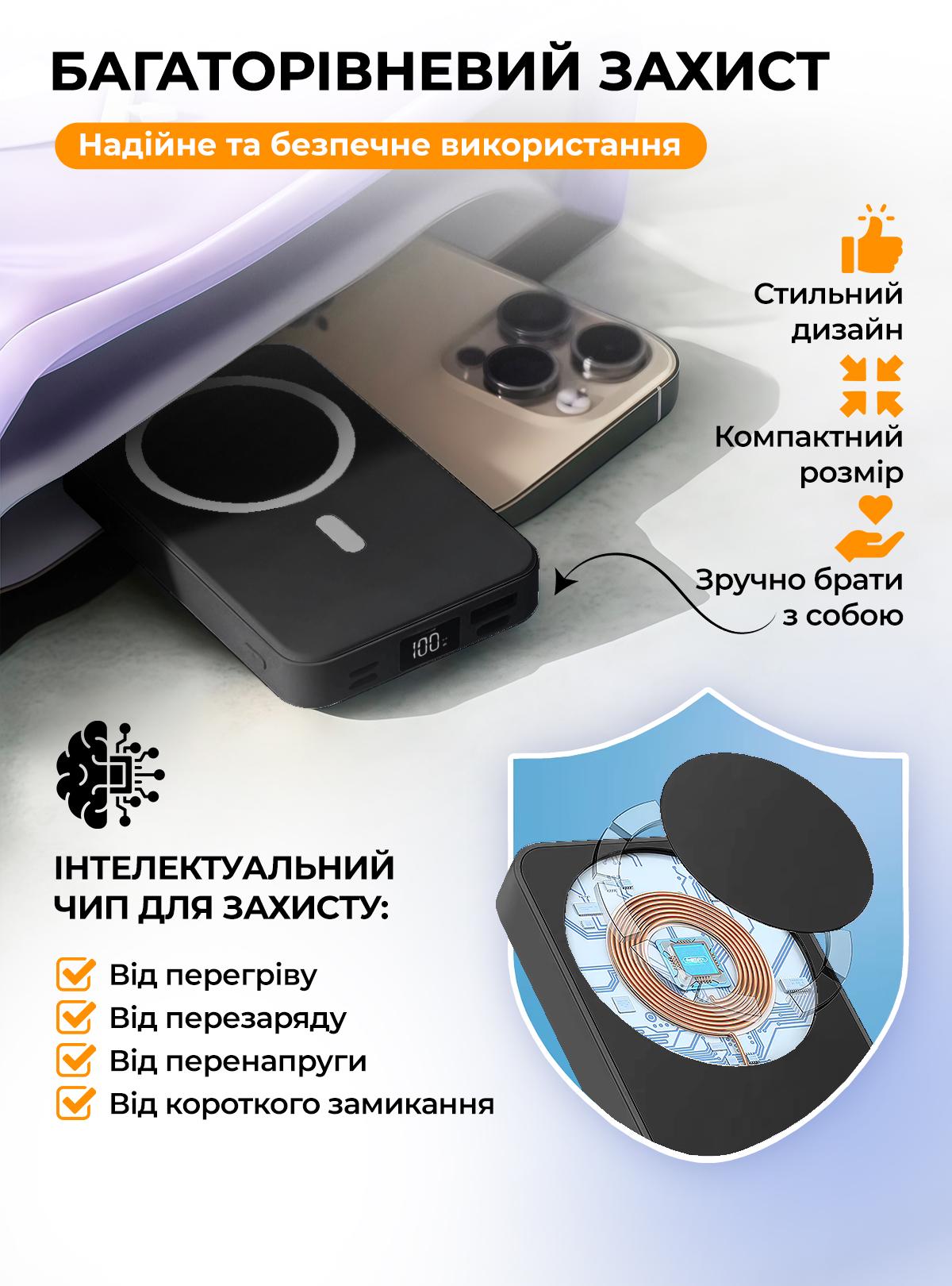 Повербанк OnePro з magsafe та кабелями Type-C Lighthing 10000 mah Чорний (73742) - фото 7 Повербанк OnePro з magsafe та кабелями Type-C Lighthing 10000 mah Чорний (73742) - фото 7