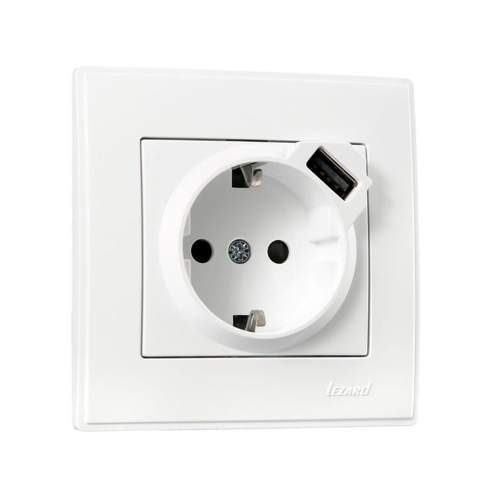 Розетка Lezard Lesya 1-я с заземлением и USB Белый