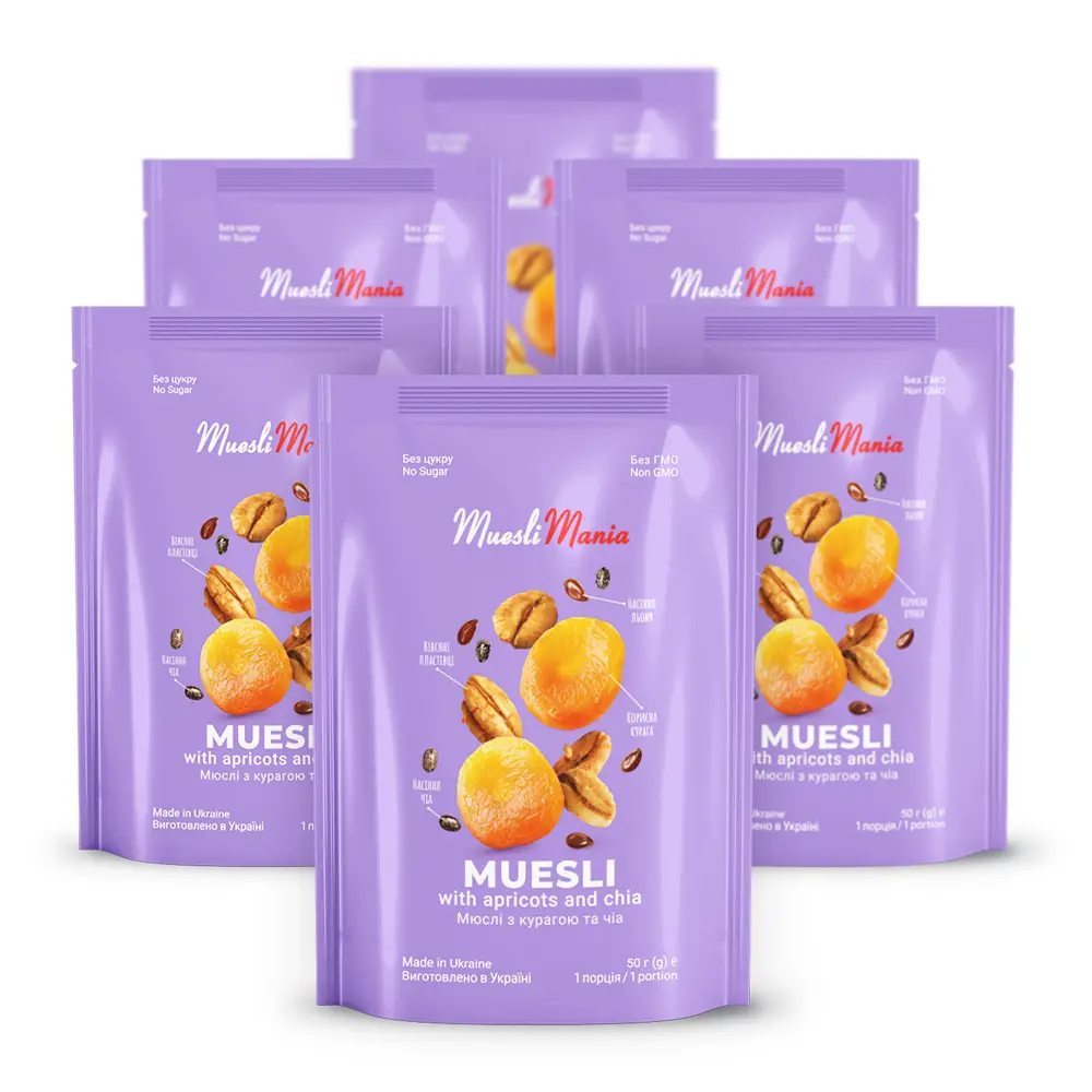 Мюслі з курагою та чіа Muesli Mania 50 г 6 шт. (4820220140418)