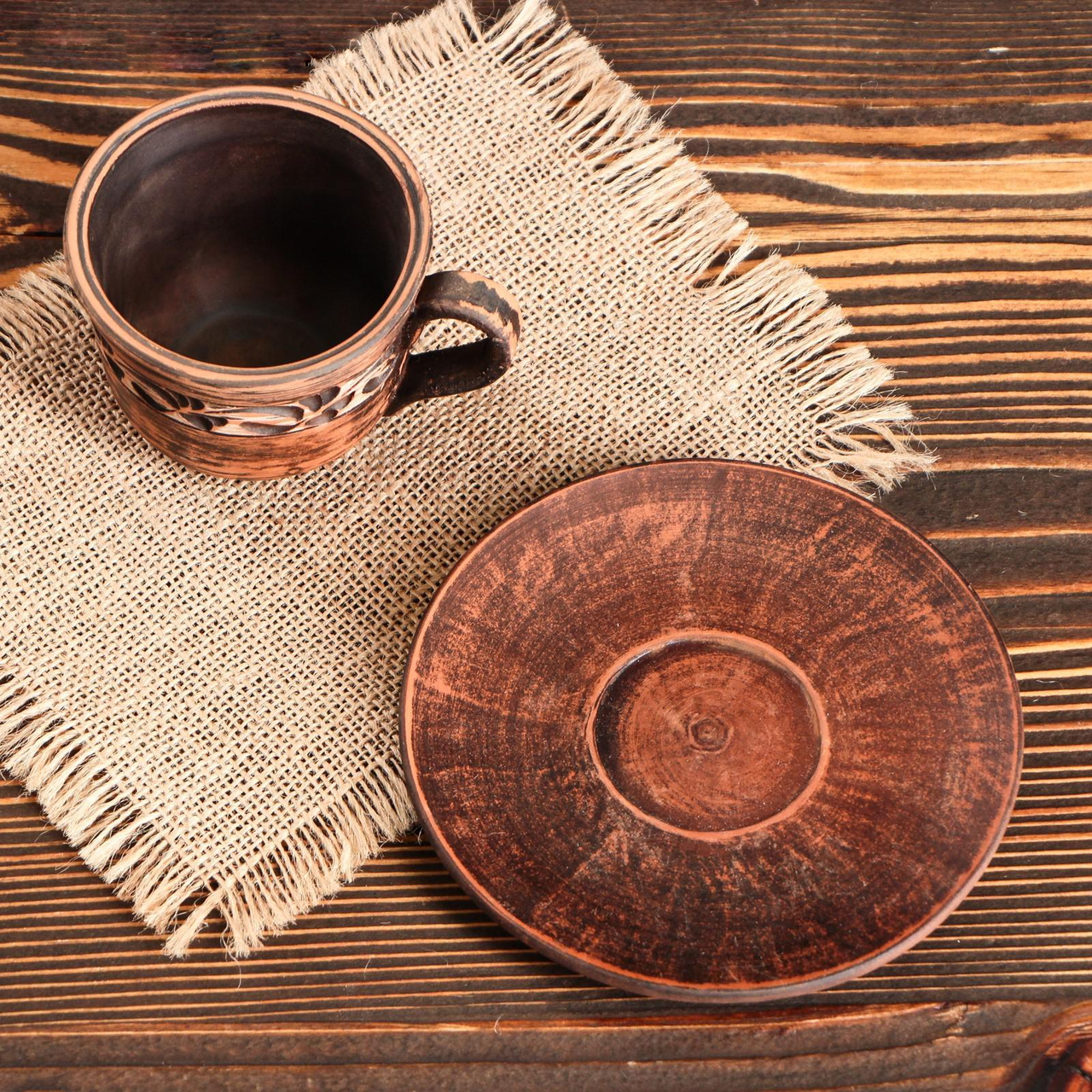 Чашка для кофе ангобная с блюдцем из красной глины ручная работа 150 мл (1386-1372) - фото 4