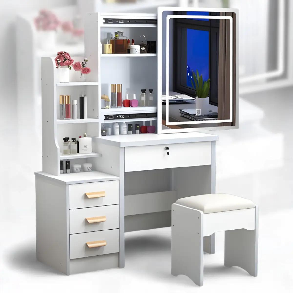 Столик туалетний STL-MD 84 з LED-дзеркалом та пуфом 139х80х36 см Білий (2847394692)