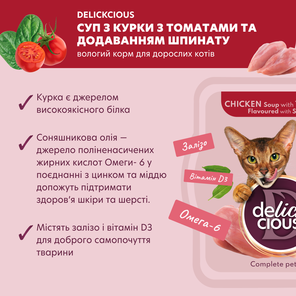 Вологий корм для котів Delickcious Суп з куркою/томатами/шпинатом 0,08 кг - фото 2