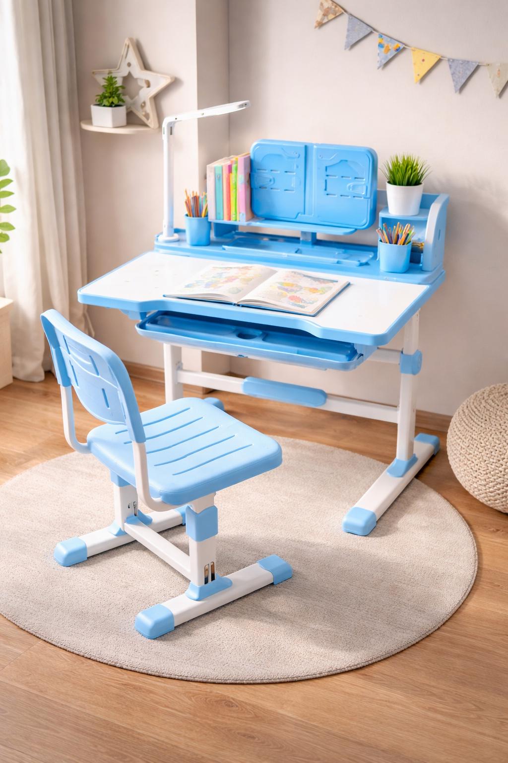 Парта со стулом регулируемая с лампой/выдвижным ящиком и подставкой Синий (opt-106690)