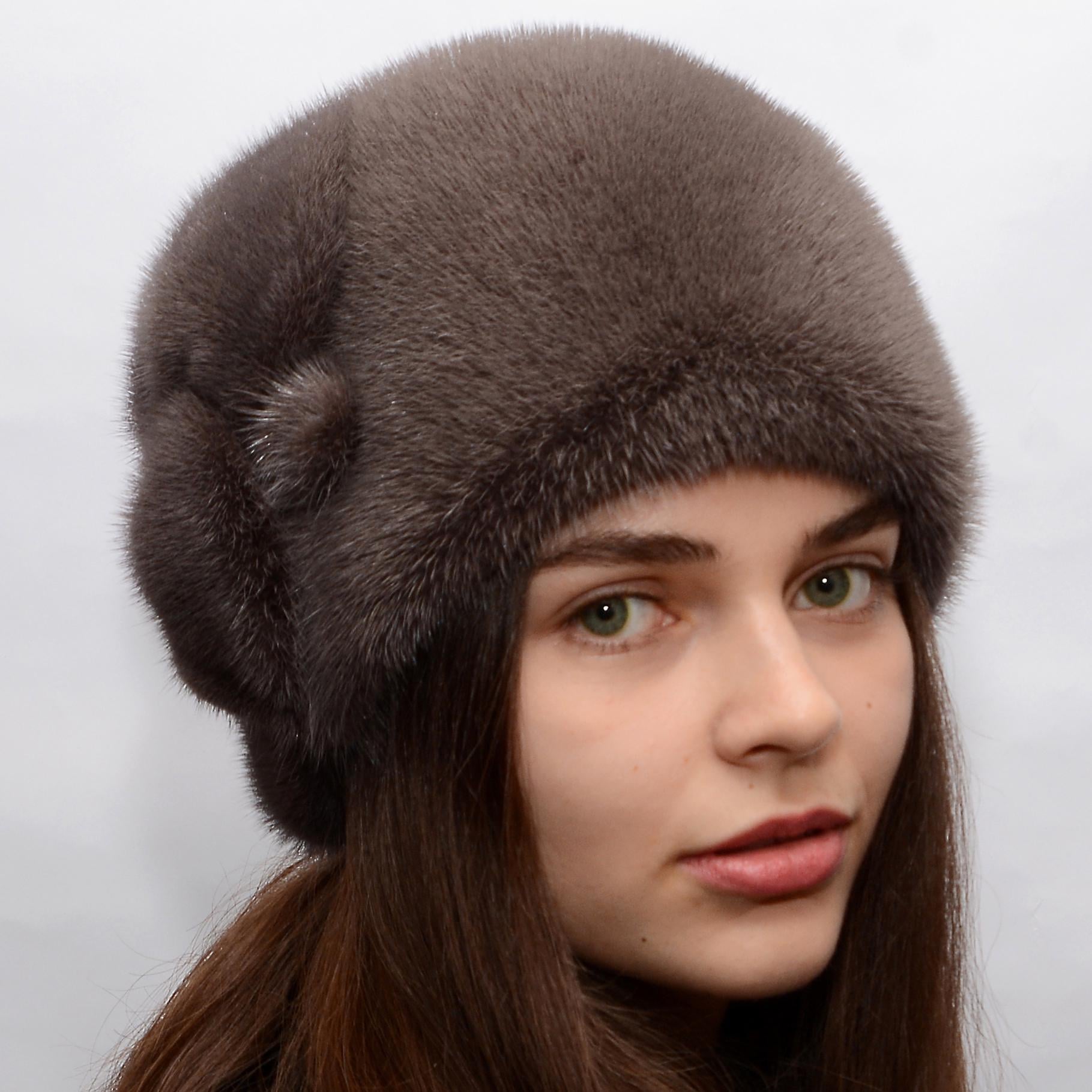 Женская кубанка Меховой стиль Шарик три листочка из натурального меха норки M-L Капучино (050)