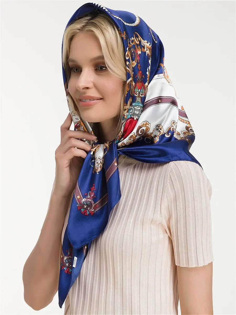 Платок винтажный шелковый Jago Абстракция с цепочками 90х90 см Синий - фото 3