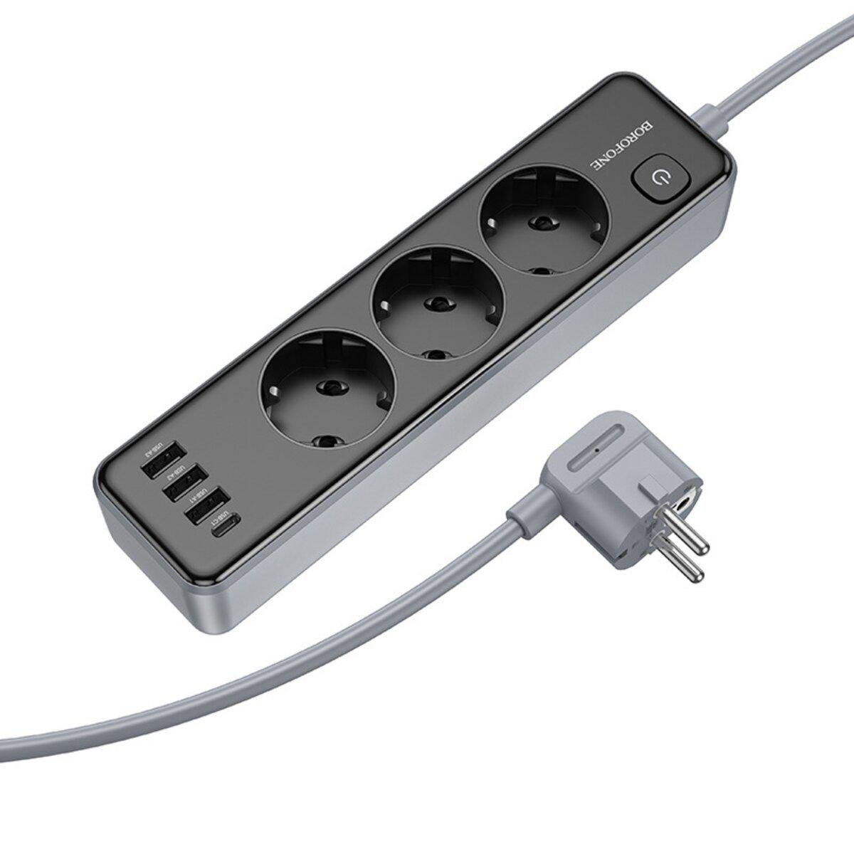 Удлинитель Borofone BAC8 Power 3 розетки 4 USB Type-C/3xUSB-A 12Вт 2 м Черный (620069)