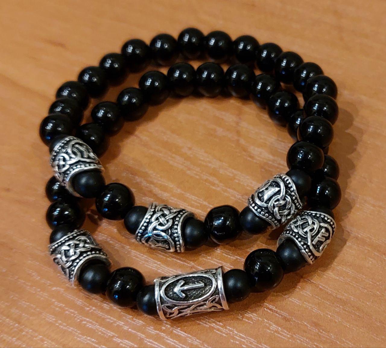 Браслет LITAURS из натуральных камней черный агат и металлическими вставками рунами М 15-17 см (250201) - фото 4 Браслет LITAURS из натуральных камней черный агат и металлическими вставками рунами М 15-17 см (250201) - фото 4