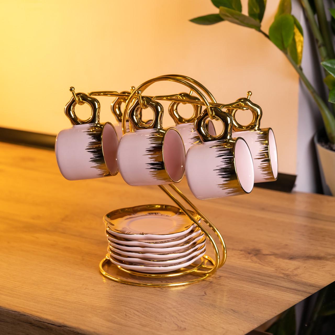 Набор кофейных чашек на металлической подставке 6 шт. по 100 мл Розовый с золотым (FM-48)