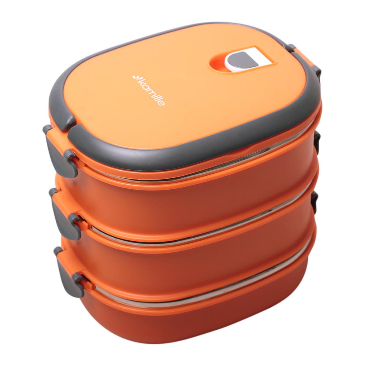 Ланч-бокс тройной Kamille KM-2110 из пластика и нержавеющей стали с ручками 2700 мл Оранжевый (124-84-2110)
