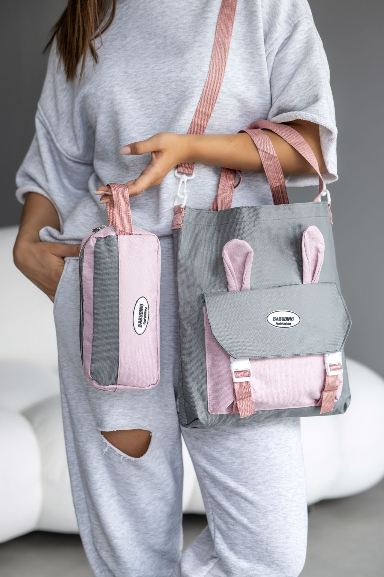 Школьный рюкзак для девочки Ушки 3в1 5-11 класс Серо-Розовый (27668039) - фото 9