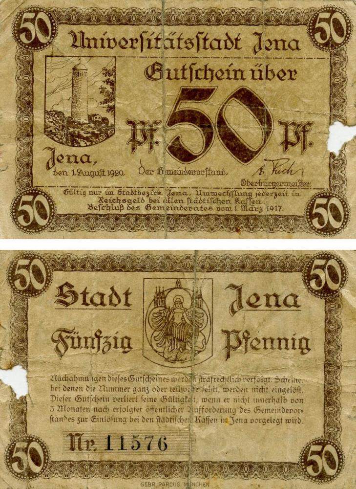 Коллекционная банкнота Германия Нотгельд 50 пфеннигов 1920 G-VG Йена (Б18675)