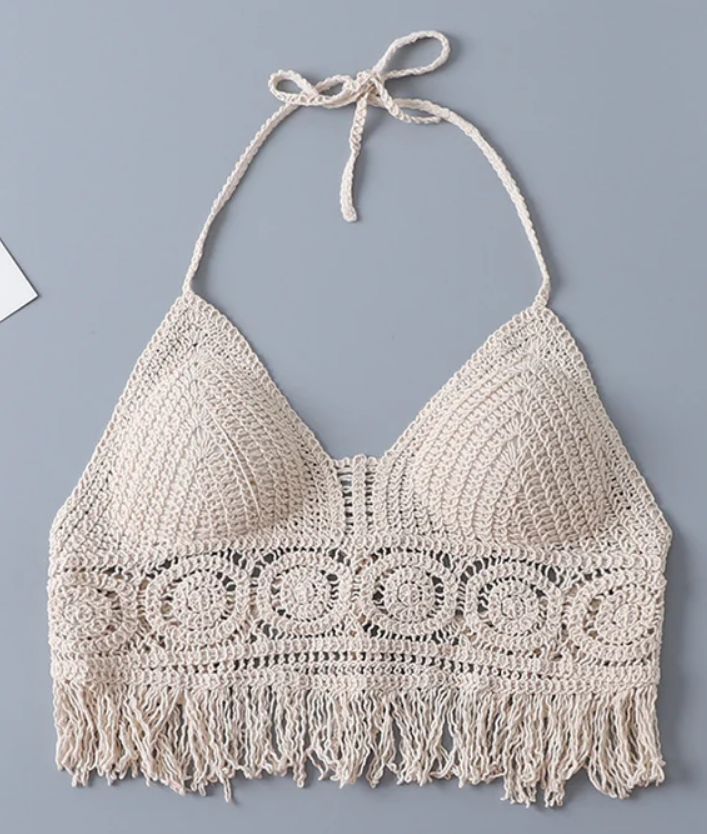 Топ-бюстгальтер вязан на завязках с бахромой S/M Бежевый (22-92-1575-БЕЖ)